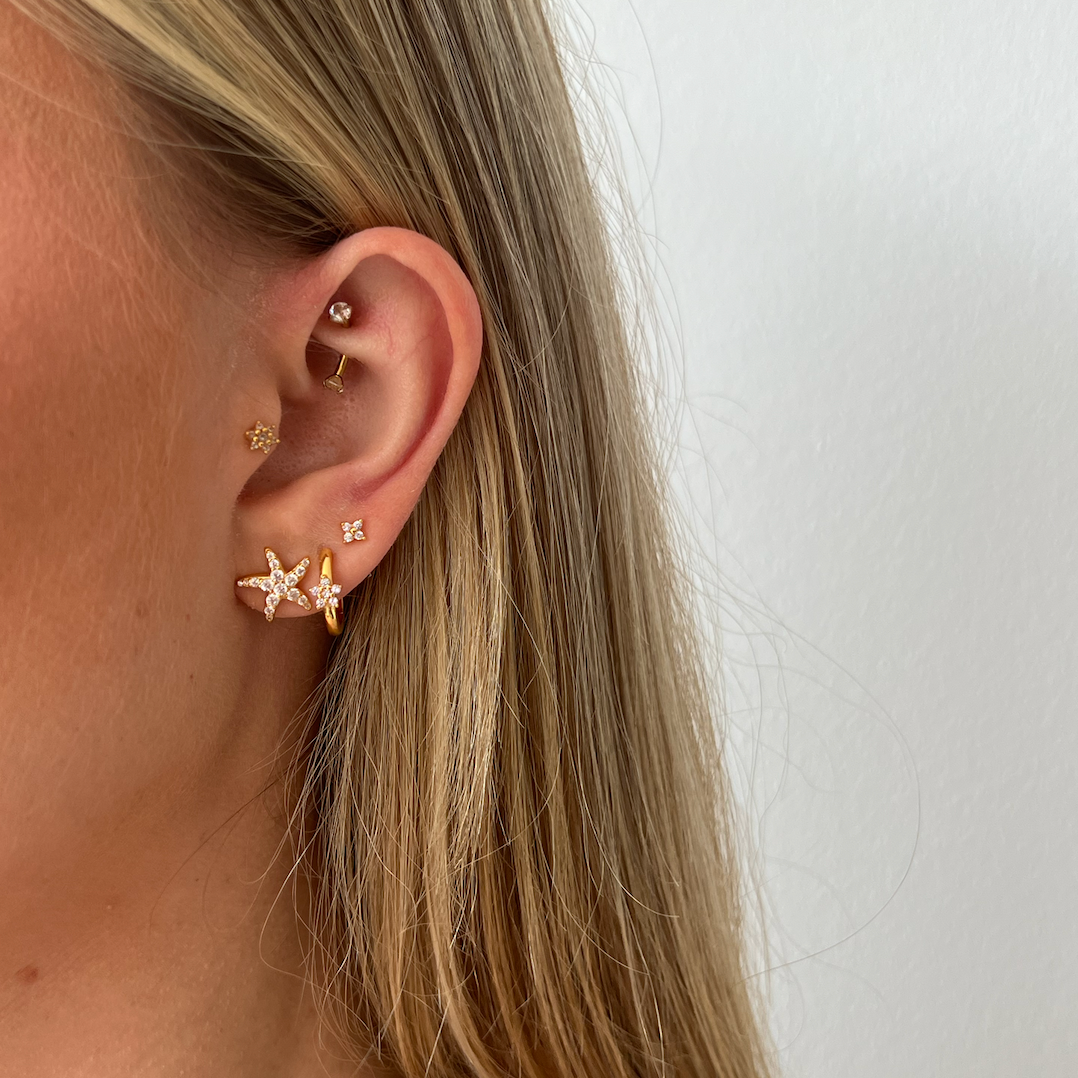 Boucle d'oreille minimaliste zircon fleur pouce d'oreille et étoile de mer starfish